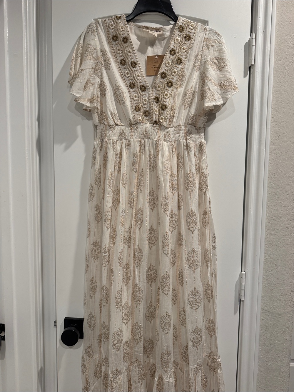 Embroidered Cream Maxi Dress with Gold Accents